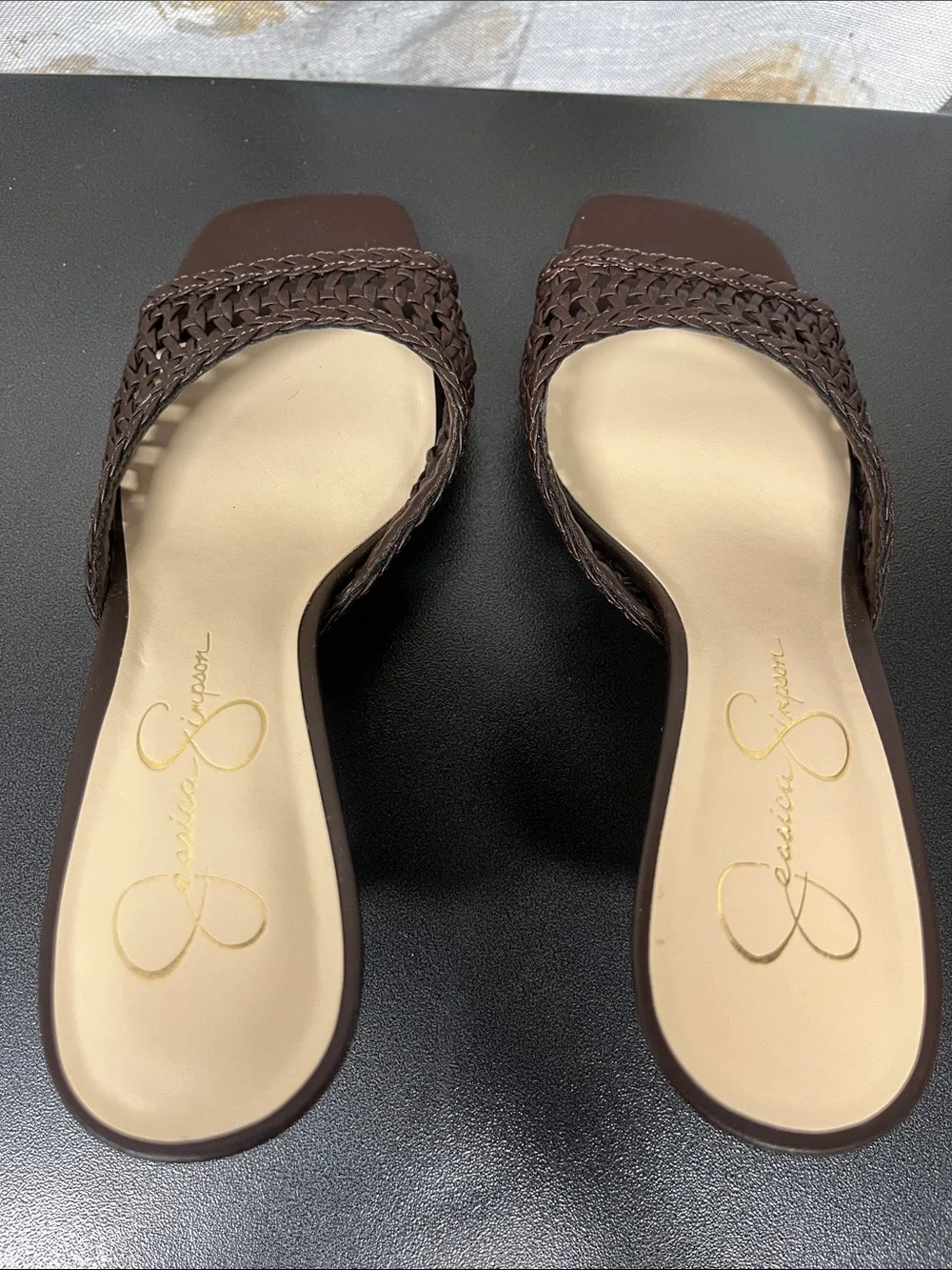 Jessica Simpson Dark Brown Woven Faux Leather Square Toe Mule Heels